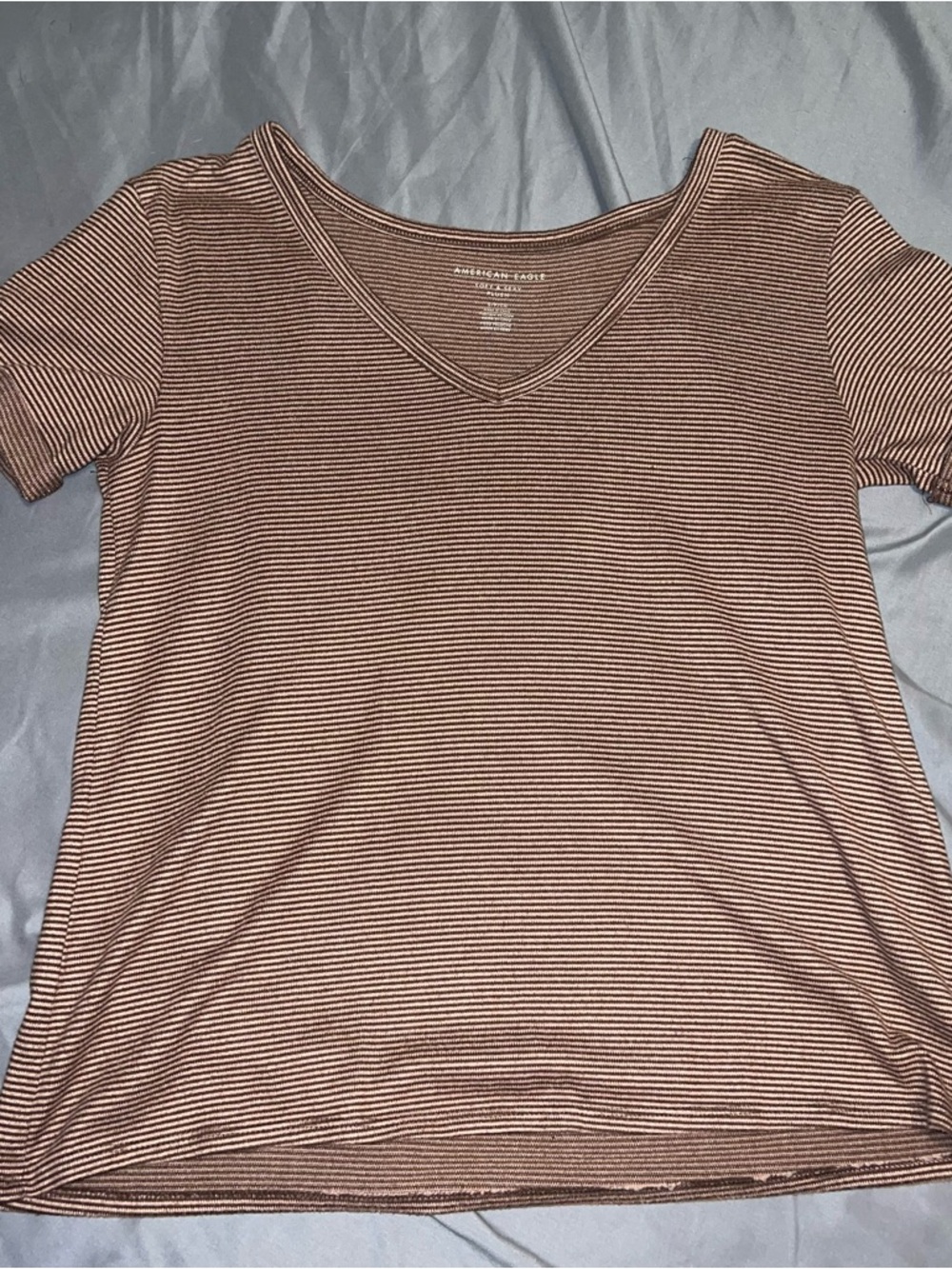 American Eagle Outfitters Brown and White Striped V-Neck Tee